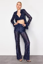 Trendyol Navy Blue Wide Leg Sequined Knitted Trousers