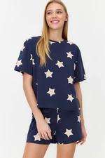 Trendyol tmavomodrá 100% bavlnená súprava pyžama s hviezdičkovým vzorom - tričko a šortky.