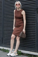 Madmext Brown Basic Mini Dress With Zero Sleeves