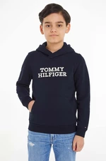 Detská mikina Tommy Hilfiger tmavomodrá farba, s kapucňou, s nášivkou
