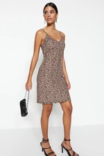 Trendyol Leopard Patterned Brown Leopard Patterned Knitted Dress With Straps, Fitted Mini