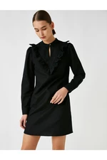 Koton Women's Black 100% Cotton Long Sleeve Button Neck Flounce Dress