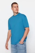 Trendyol Blue Men's Relaxed/Comfortable cut, Standing Collar Short Sleeved 100% Cotton T-Shirt