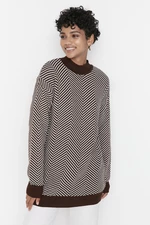 Trendyol Brown Striped Stand Up Knitwear Sweater