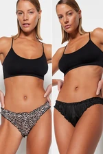 Trendyol Black-Leopard 2-Pack Satin Patterned Brazilian Panties