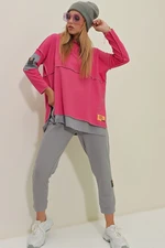 Trend Alaçatı Stili Women's Pink Layered Hoodie, Sweatshirt And Sweatpants Double Suit