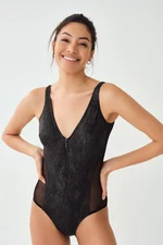 Dagi Black Zippered V-Neck Swimsuit