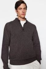 Trendyol Brown Men's Slim Fit Half Fishing Button Knitwear Sweater
