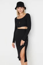 Trendyol Black Button Detail Ribbed Flexible Knitted Top and Bottom Set