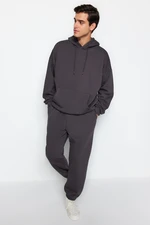 Trendyol Anthracite Men's Oversized Basic Basic Hoodie with Elastic Legs, Fleece Inner Fleece Tracksuit Set.