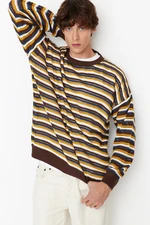 Trendyol Multicolored Men's Oversize Fit Wide fit Crew Neck Crochet Detailed Knitwear Sweater.