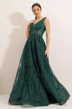 By Saygı Glittery Ghost and Tulle Princess Evening Dress Green