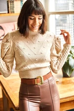 Olalook Women's Stones Tiny Pompom Sleeve Detail Above the Waist Knitwear Sweater