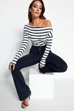 Trendyol Navy Blue Striped Premium Soft Fabric Fitted Boat Neck Knitted Blouse