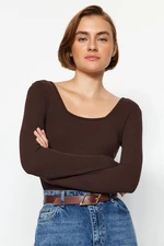 Trendyol Brown Square Collar Long Sleeved Corduroy Stretchy Knitted Bodysuit Trendyol Brown Square Collar Long Sleeved Corduroy Stretchy Knitted Bodysuit