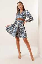 By Saygı Double-breasted Collar Leopard Pattern Lined Satin Dress with a Belted Waist Petrol