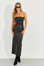 Cool & Sexy Women's Black Faux Leather Strapless Midi Dress