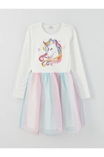 LC Waikiki Girl's Dress with a Crew Neck Printed Long Sleeve