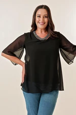 By Saygı Stone Detailed V-Neck Top Chiffon Plus Size Blouse