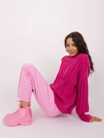 Fuchsia sweater with cables and cuffs