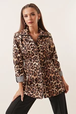 By Saygı Leopard Pattern Sleeve Fold Trench Coat with Pockets Wide Size Range, Brown.