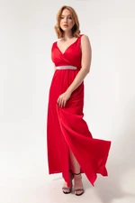 Lafaba Women's Red Double Breasted Collar With Stones and Belt Long Evening Dress.