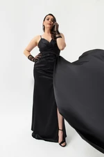 Lafaba Women's Black Plus Size Long Satin Evening Dress & Prom Dress