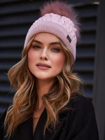 Winter nylon beanie with pompom, pink