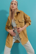 Trend Alaçatı Stili Women's Camel Velvet Cotton Double Pocket Oversize Jacket Shirt