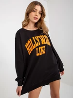 Black-and-orange oversized long sweatshirt with slogan