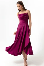 Lafaba Women's Plum Satin Midi Length Evening Dress & Prom Dress with a slit. Lafaba Women's Plum Satin Midi Length Evening Dress & Prom Dress with a slit.