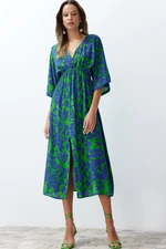 Trendyol Blue Floral Print A-line Double-breasted Collar Midi Woven Dress