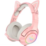 ONIKUMA Wired Headphones Stereo Dynamic Drivers Noise Reduction Headset 3.5MM RGB Luminous Pink Cat Ear Adjustable Over-