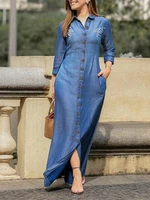 Floral Embroidery Lapel Collar Long Sleeve Button Daily Casual Maxi Shirt Dress For Women
