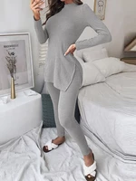 Women Solid Elastic Waist O-Neck Full Sleeve Skinny Ankle Length Blouse Pants Two-Piece Sets