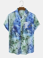Men Ocean Waves Print Spliced Single Chest Pocket Hawaiian Holiday Shirts