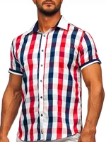 Červená pánska elegantná károvaná košeľa s krátkymi rukávmi BOLF 8901