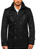 Čierny pánsky dvojradový zimný kabát s odopínateľným prídavným stojačikovým golierom Bolf M3143