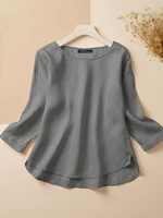 Cotton Solid Round Neck Long Sleeve Split Casual Blouse