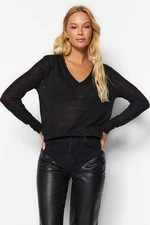 Trendyol Black V-Neck Linen Look Long Sleeve Regular Fit Knitted Blouse