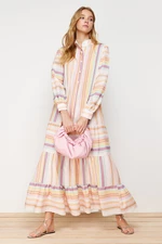 Trendyol Linen Look Woven Dress with Multi-Colored Striped Skirt and Ruffles
