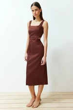 Trendyol Brown Body Wrap Cut Out Detailed Square Collar Midi Woven Dress