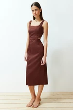 Trendyol Brown Wrap-around Cut Out Detail Square Neck Woven Midi Dress