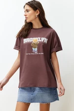 Trendyol Brown 100% Cotton Printed Oversize/Wide Fit Crew Neck Knitted T-Shirt