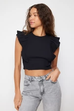 Trendyol Black Frilly Sleeves Ribbed Stretchy Crew Neck Crop Knitted Blouse