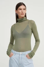 Bavlnené tričko s dlhým rukávom American Vintage T-SHIRT ML COL ROULE zelená farba, s rolákom, MAS08