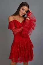 Carmen Red Lace Long Sleeve Short Evening Dress