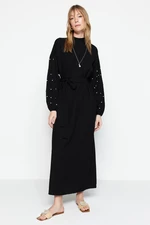 Trendyol Black Belted Pearl and Stone Detailed Woven Dress