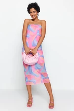 Trendyol Multicolored Printed Tulle Lined Shift/Straight Strapless Midi Flexible Knitted Pencil Dress