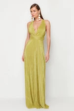 Trendyol Olejově zelené plisované šaty s detailem pásku, pletené, dlouhé večerní šaty